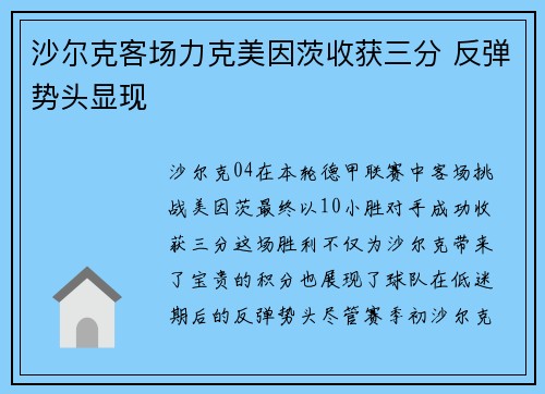 沙尔克客场力克美因茨收获三分 反弹势头显现