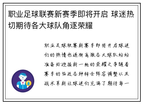 职业足球联赛新赛季即将开启 球迷热切期待各大球队角逐荣耀