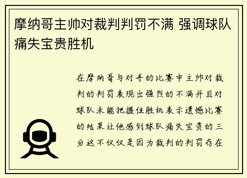 摩纳哥主帅对裁判判罚不满 强调球队痛失宝贵胜机