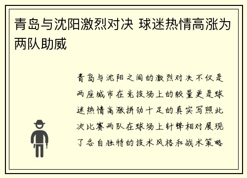 青岛与沈阳激烈对决 球迷热情高涨为两队助威