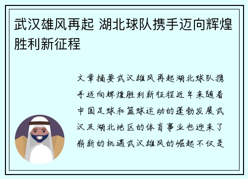武汉雄风再起 湖北球队携手迈向辉煌胜利新征程