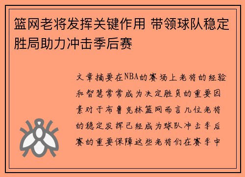 篮网老将发挥关键作用 带领球队稳定胜局助力冲击季后赛