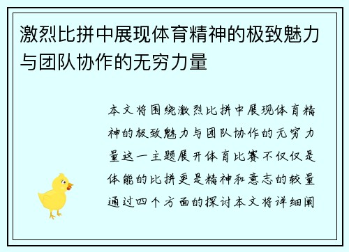 激烈比拼中展现体育精神的极致魅力与团队协作的无穷力量