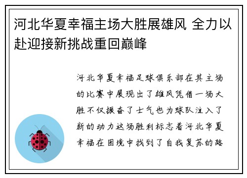 河北华夏幸福主场大胜展雄风 全力以赴迎接新挑战重回巅峰