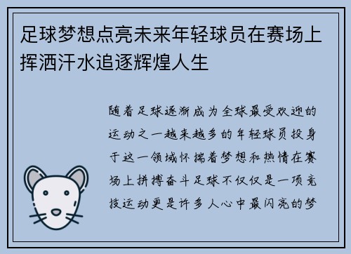 足球梦想点亮未来年轻球员在赛场上挥洒汗水追逐辉煌人生