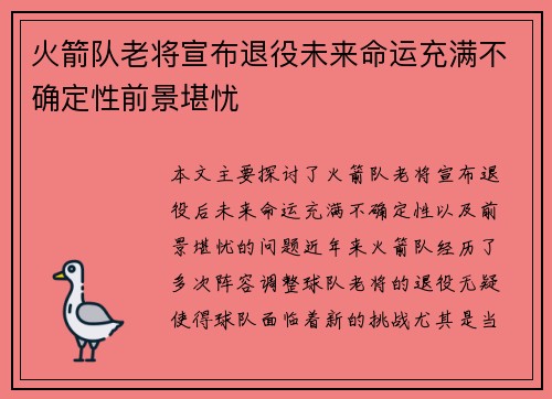 火箭队老将宣布退役未来命运充满不确定性前景堪忧